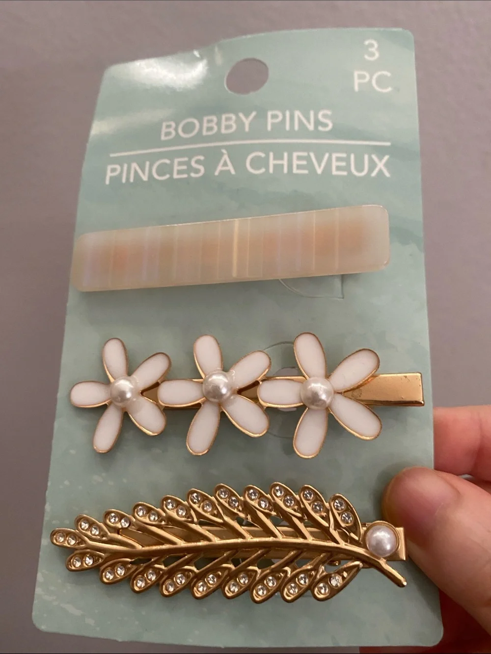 Gold Floral & Pearl Bobby Pin Set in White - 3 Piece